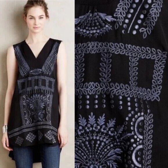 Anthropologie Ranna Gill Black Bohemian Tunic Top‎ Hippie Size XS Blouse Printed - Picture 2 of 12